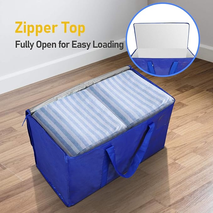 TICONN 2 Pack Extra Large Moving Bags with Zippers & Carrying Handles, Heavy-Duty Storage Tote Moving Boxes for Space Saving (2 Pack, Blue)