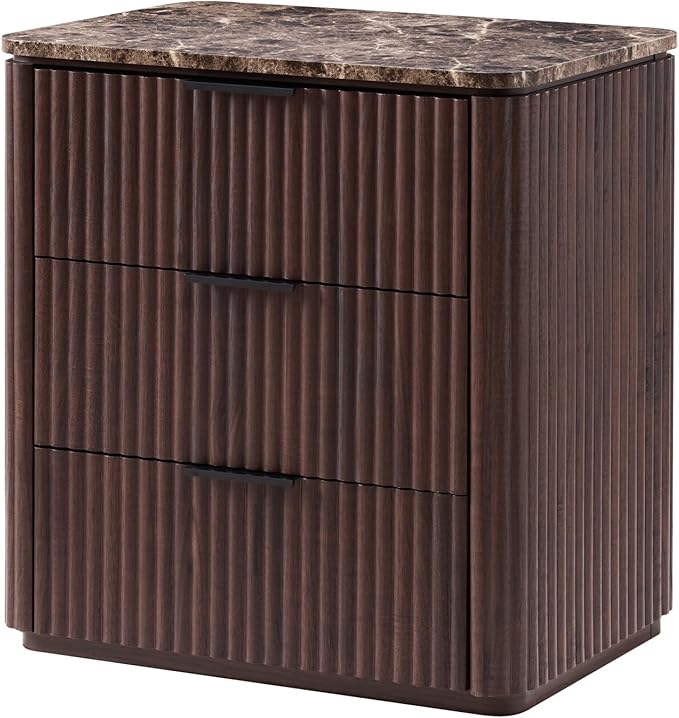 Fluted Nightstand with 3 Drawers, Engineered Wood Bedside Table with Faux Marble-Top, Modern End Table with Curved Corners, Metal Handle, Large Night Stand for Bedroom, Office, Closet, Dark Oak
