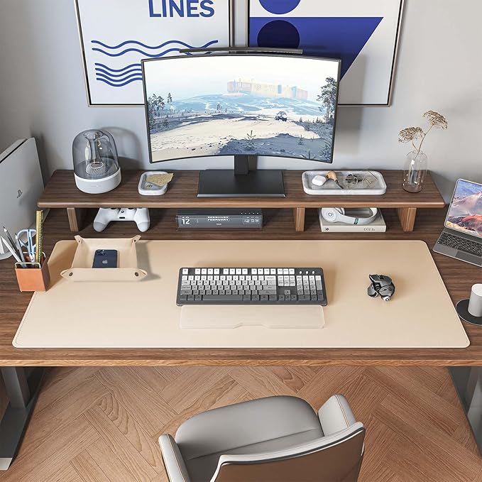 DAWNTREES Dual Sided Desk Mat,Leather Desk Pad,40"x16",Cork Desk Mat Protector,with PU Leather Valet Tray Organizer,Large Mouse Pad,Desk Writing Pad for Office and Home(Khaki)