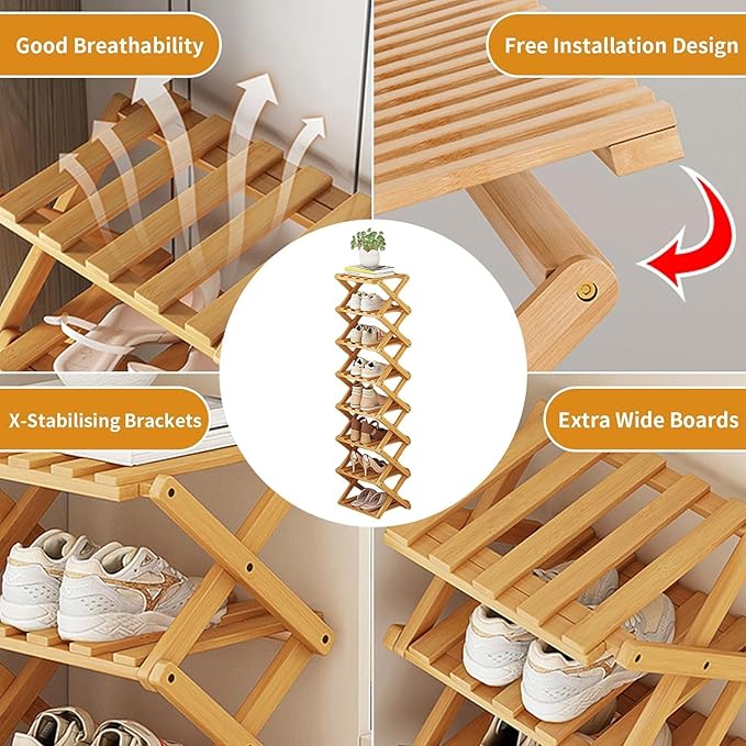 YYW Bamboo Shoe Rack for Entryway,Installation-Free and Foldable Vertical Shoe Storage Organizer,Free Standing Shoe Racks Shelf Closet Shoe Organizer for Living Room (Tawny-6 Layers)