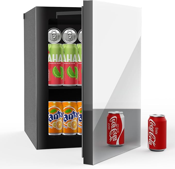 Stopasd Beverage Refrigerator Cooler, 0.9 Cu.Ft/24 Can Mini Fridge with Adjustable Shelves & Mirror Door for Drink and Cosmetics,Quiet Compact Countertop Skincare Fridge for Bedroom/Office/Bar(40-61℉)