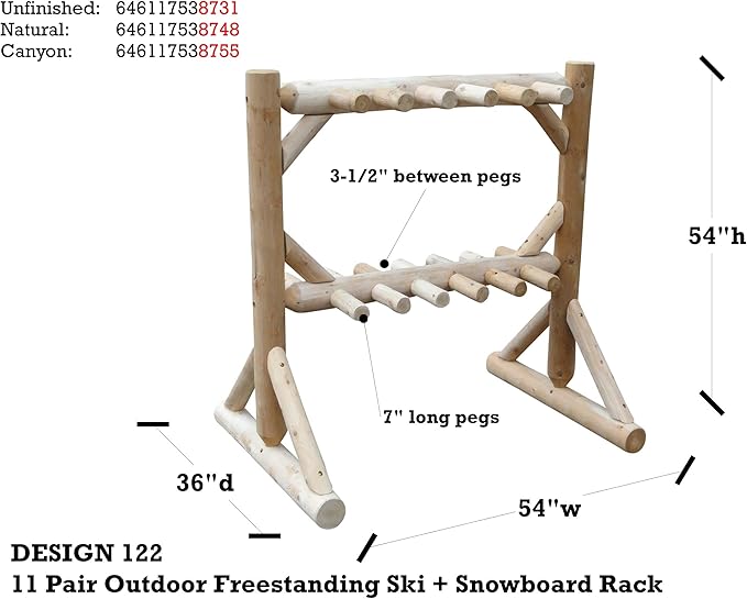 11-Place Freestanding Log Ski Rack Holder, Indoor & Outdoor Snowboard Racks, Standing Storage, Garage Racks for Snow Skis, Durable Snowboard Rack Garage Storage Organizer - Unfinished + 15" Anchor Kit