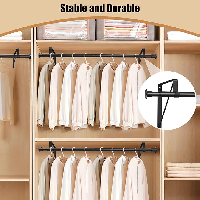 Closet Rod, 16 to 100 Inch Closet Rods Heavy Duty Adjustable Wardrobe Poles for Hanging Clothes and Heavy Duty Bracket Closet Pole Support (The Shelf NOT Included)(Black)