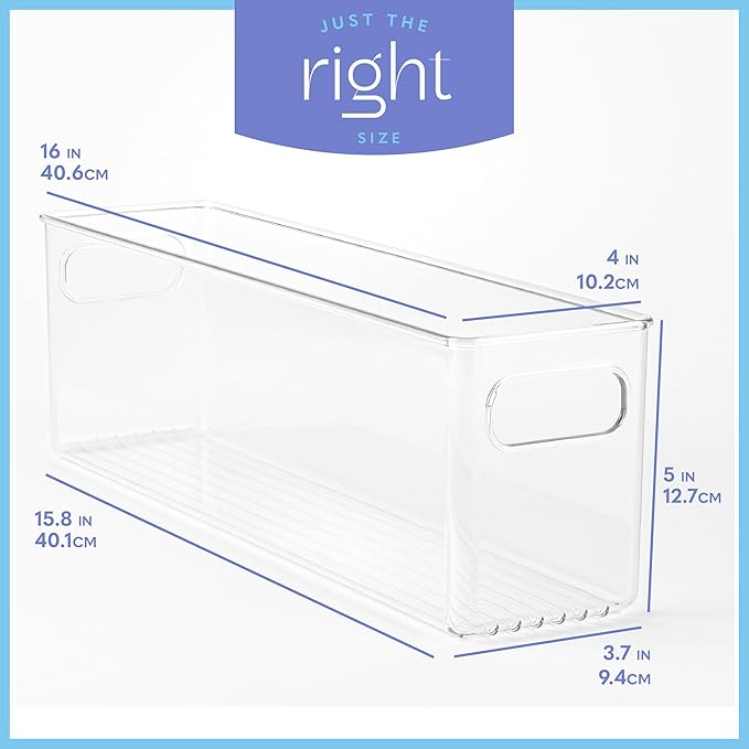 primebox Plastic Food Storage 2 Pack Clear Container Bin with Handles for Organizing Kitchen, Pantry, Refrigerator, Freezer, Pantry, Cabinet, Closet, Bathroom. 16”x4”x5”