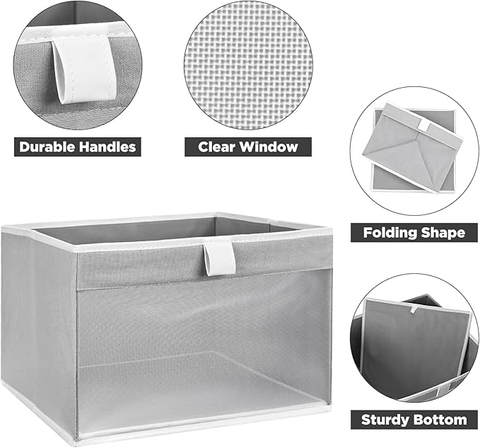 Linen Closet Organizers and Storage, Closet Storage Bins Basket Organizer, Foldable Organization Baskets with Mesh Window for Clothes Towels and Toys, 14.5" x 14.5" x 10.25", Gray, 4 pack