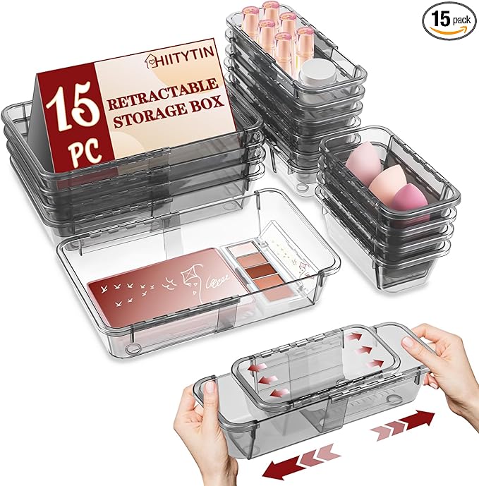 15 Pcs Extendable Clear Drawer Organizer, All Adjustable Vanity Storage Box, 2-Size Desk Drawer Organizer, Acrylic Storage Bins for Makeup, Bedroom Dressers Tool Organizer for Gadgets, Black