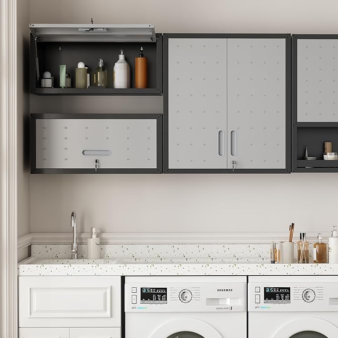 Wall Cabinet, Wall Mounted Cabinet with Lock and Adjustable Shelf for Garage, Tool Room, Kitchen, Assembly Required(Black and Gray)