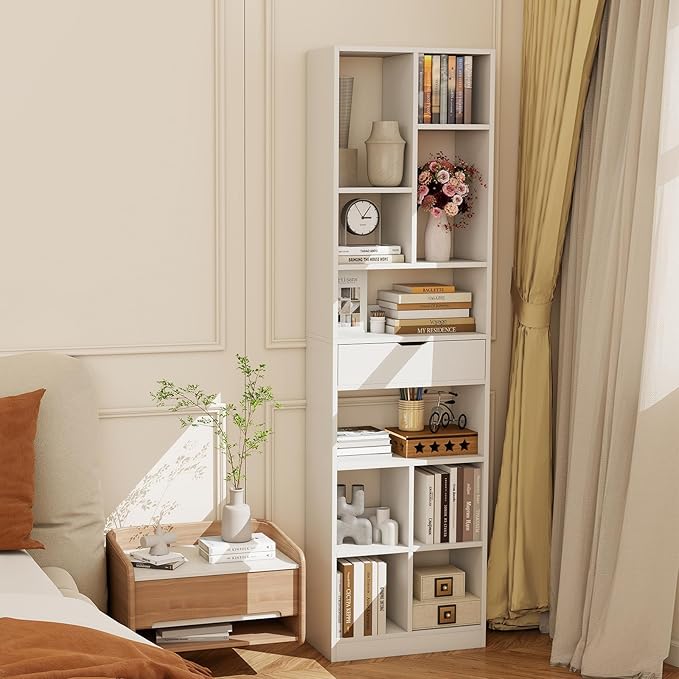 Tangkula 71” Tall Bookcase with Drawer, Modern Bookshelf with 10 Open Cubes, Floor Standing Display Rack Storage Cabinet with Anti-Tipping Kits for Living Room, Study, Office (1, White)