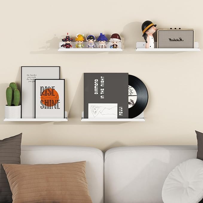Lifewit Floating Shelves for Wall, 8 Pack White Acrylic Shelf 15" Room Decor for Bookcase/Vinyl Record Display/Photo/Picture in Bedroom, Living Room, Bathroom, Kitchen Storage and Organization
