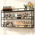 Wall Mounted Wine Rack, Wine Rack Wall Mounted with Wine Glass Rack, Metal Bar Bottle Display Shelf Wine Cups Hanging Holder, for Home Bar Cafe Dining Room Decoration (BLACK, 59*10*35.5IN)