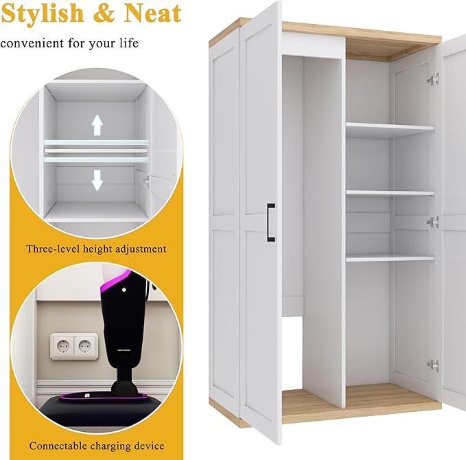 Wooden 55" Tall Broom Closet Storage Cabinet for Vacuum Cleaner & Floor Scrubbers with 2 Doors and Adjustable Shelf, Cleaning Supply Cabinet with Bottom Openwork for Laundry Room, Garage