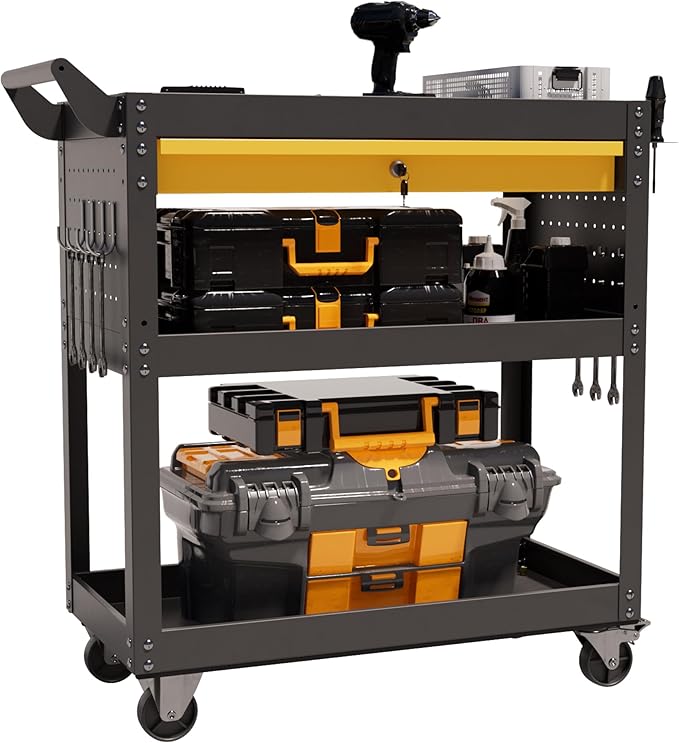 3 Tier Heavy Duty Rolling Tool Cart on Wheels with Drawer & Pegboard, 420Lbs Capacity Mobile Garage Storage Organizer Cart for Mechanics, Workshop