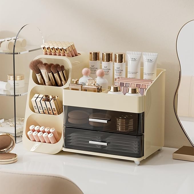 Makeup Organizer with Drawers,Large Capacity Countertop Organizer for Vanity,Bathroom and Bedroom Desk Cosmetics Organizer,Easy To Storage Skincare,Brushes, Eyeshadow, Lotions, Lipstick (Cream)