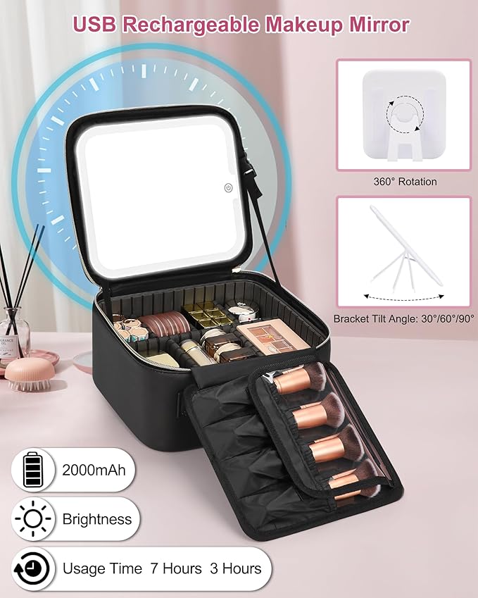 Relavel Initial Makeup Bag with LED Mirror for Women Girls, Personalized Travel Cosmetic Organizer Train Case, Birthday Gifts for Grandkids Bridesmaid Graduation Teacher Friends, Trendy Stuff, Black A