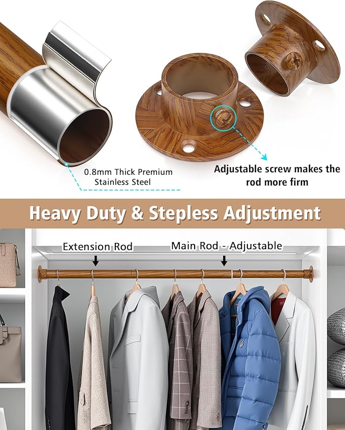 Closet Rods for Hanging Clothes, 17-52 Inch Heavy Duty and Stepless Adjustable Closet Poles, Stainless Steel Closet Hanging Rod for Wardrobes, Laundry Room, Bathroom, RV (Wood-Grain Finish)
