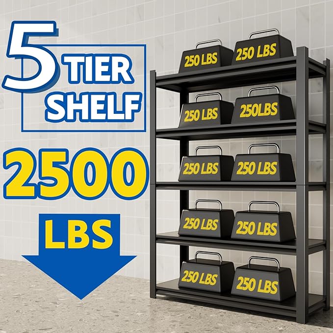 72''H Garage Shelving Heavy Duty,2500LBS Storage Shelves,5-Tier Adjustable Metal Shelve Storage Shelf Rack, Industrial Shelving Unit for Garage,Warehouse, Basement (39" W x 18" D x 72" H) 3PC