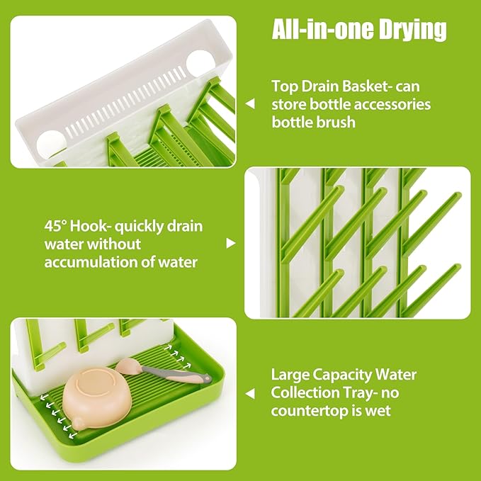 Baby Bottle Drying Rack, Space Saving Baby Bottle Organizer for Countertop, Vertical Bottle Dryer Holder with Brushes Holder, Large Bottle Storage Holder 12 Bottles & Baby Accessories Green