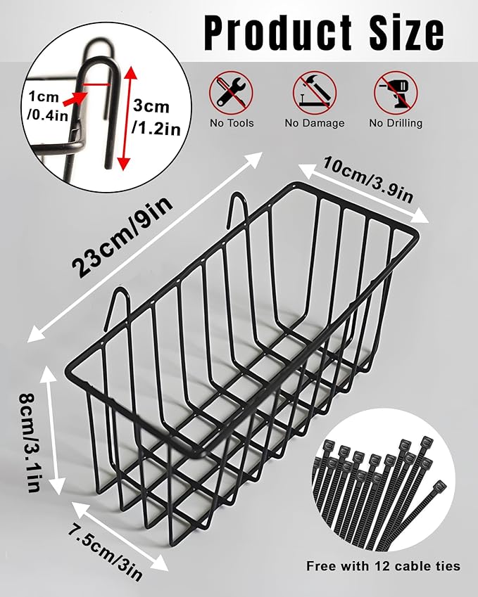 10 PCS Black Wire Baskets, No Drilling, Hanging Wire Basket for Wall Grid Panel Organizing, Grid Wall Accessory