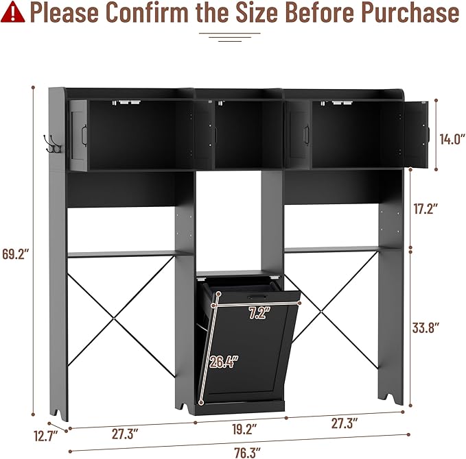 Over The Washer and Dryer Storage Cabinet, Laundry Room Organizer Standing Shelf with Tilt-Out Laundry Hamper Cabinet and Hooks, Space Saving Laundry Room Cabinets