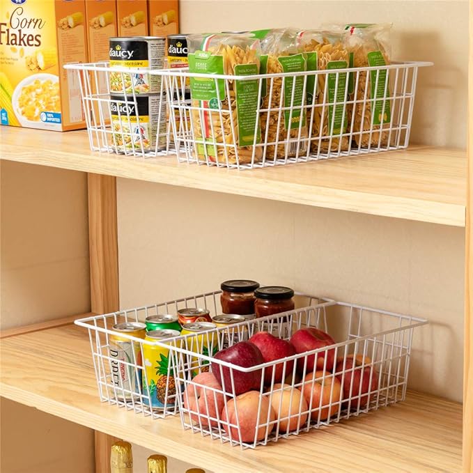 Wire Storage Basket Freezer Organizer Bins Food Storage Baskets with Handles Pantry Organizer for Kitchen Cabinets Closet Bedroom Bathroom,Set of 2,White