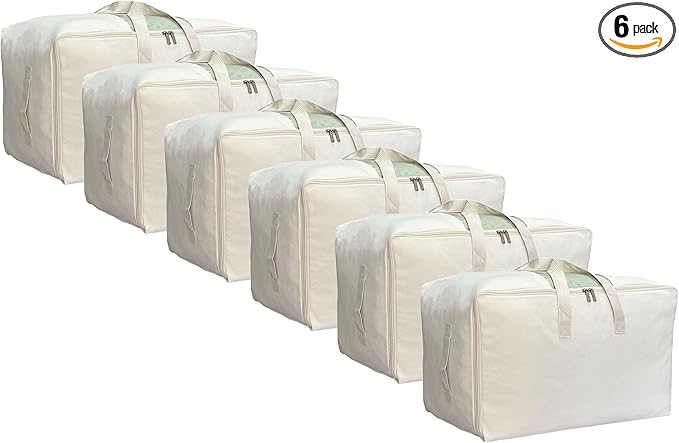 Soft Large Canvas Comforter Storage Bags with Four Carrying Handles and Clear Window, Closet Organizer for Clothing, Blankets Sheets Pillows and Bedding, 80L, 6 Pack, Beige