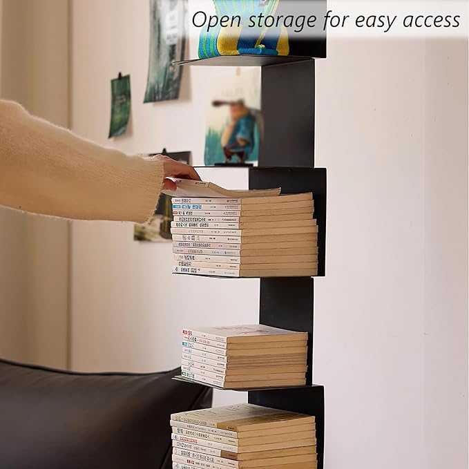 Invisible Vertical Spine Bookshelf Tower,Tall Narrow Metal Bookshelf for Small Space,Corner Floor Standing Book Organizers for Living Room, Office, Entryway(8 Tier, White)
