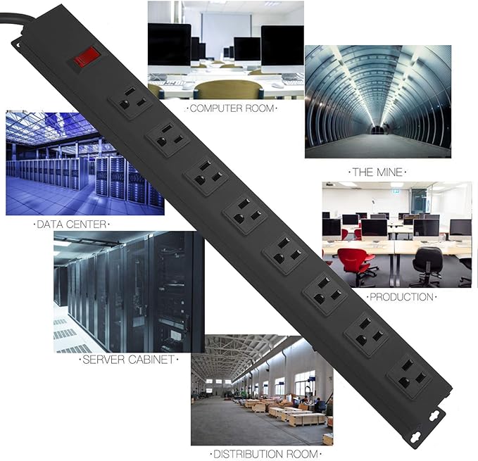 Metal 8 Outlet Mountable Power Strip, Wall Mount Outlet Heavy Duty, Wide Spaced Commercial Shop Power Strip with Switch, 15A 125V 1875W, 15 FT SJT 14AWG Power Cord (15FT)
