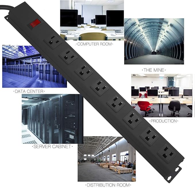 HHSOET Metal 8 Outlet Mountable Power Strip, Wall Mount Outlet Heavy Duty, Wide Spaced Commercial Shop Power Strip with Switch, 15A 125V 1875W, 6 FT SJT 14AWG Power Cord.(Black)