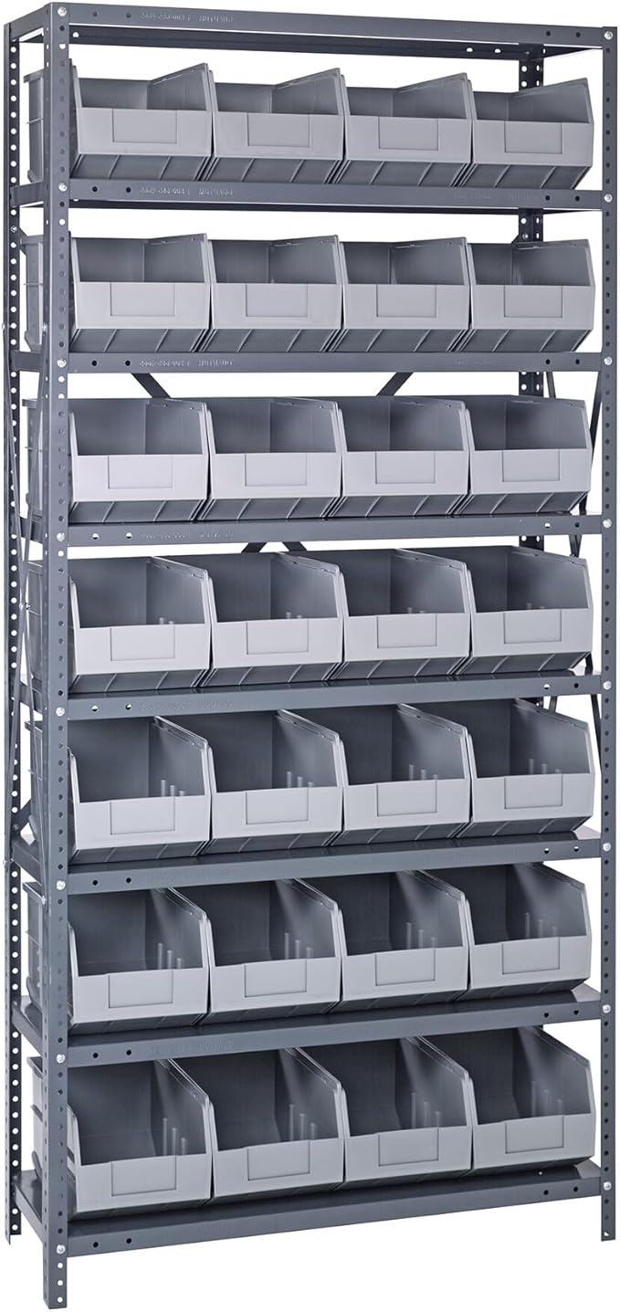 Quantum 1275-443GY Heavy Duty Shelving Unit with (8) Shelves and (28) SSB443 Gray Bins for Garage Warehouse Storage Distribution | 400 lb Load Capacity | 12"D x 36"L x 75"H, Galvanized Carbon Steel