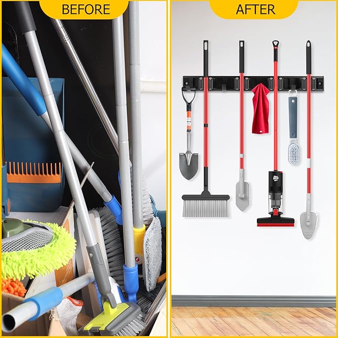 SLIIMU Movable 15'' Broom and Mop Holder Wall Mount with Sliding 3 Racks 4 Hooks, Storage Organizer Wall Hanger, Cleaning Tool Hanging Grippers for Kitchen Bathroom Garden Garage Laundry Home Closet