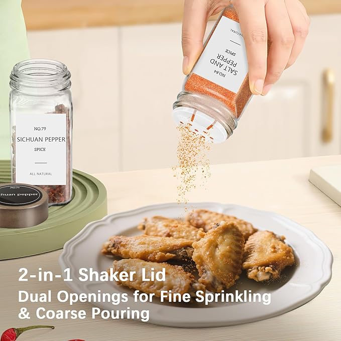 ZEHIQ 12Pcs Glass Spice Jars with Acacia Wood Lids, 4 oz Square Seasoning Containers with Labels, Seasoning Jars with Shaker Lids, Chalk Pen, Funnel, Cleaning Brush, Spice Bottles for Cabinet, Drawer
