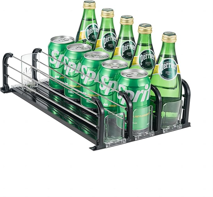 Drink Organizer for Fridge, Soda Can Dispenser for Fridge, Refrigerator Drink Dispenser with Self-Pushing Glide Black (3 Rows)