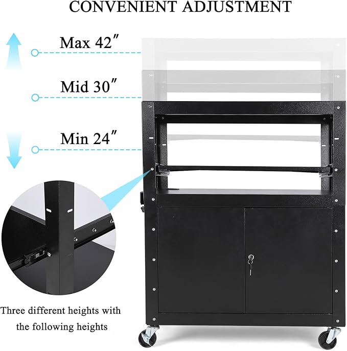 Mobile AV Cart with Locking Storage Cabinet, Adjustable Laptop Stand & Drop Leaves, Rolling Workstation with Power Outlets for Classroom, Office, or Home Use