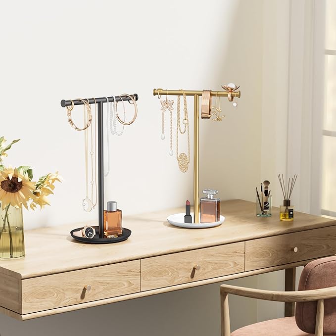 Gold Necklace Organizer Stand with Storage Tray - 12.6" Tall T-Shaped Jewelry Holder Stand for Bracelets, Earrings, Rings | Stylish Home & Vanity Décor for Women.