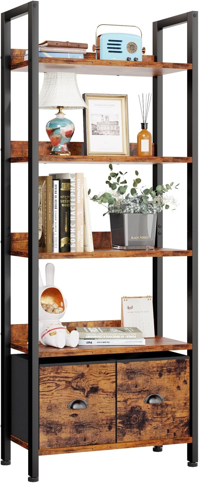 Furologee 5-Tier Bookshelf, Tall Bookcase with 2 Storage Drawers, Adjustable Industrial Display Standing Shelf Units, Wood and Metal Storage Rack for Living Room, Bedroom, Home Office Rustic Brown