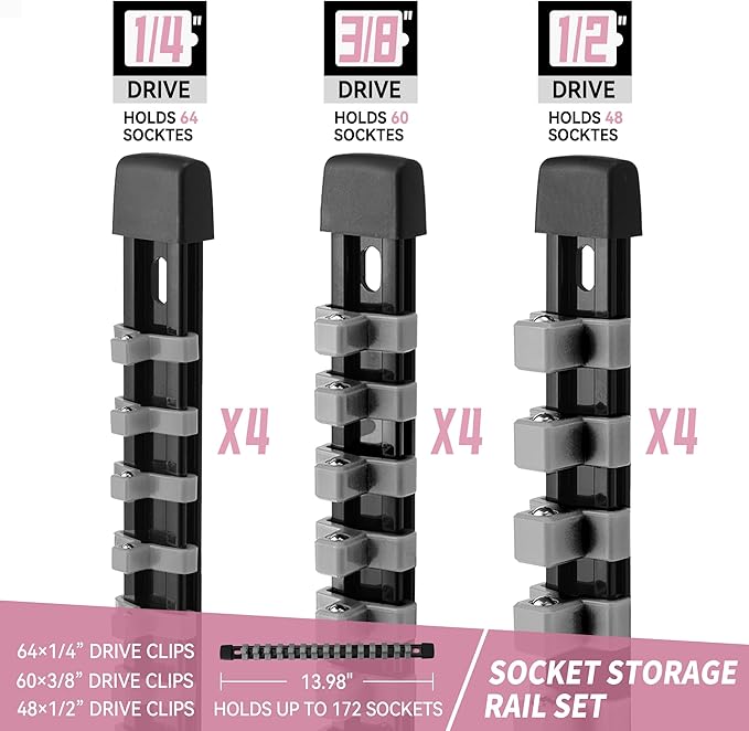 Socket Organizer Drive ABS Tools - Grey Socket Holder, Premium Quality 12 Pieces Socket Holders Kit 1/4-Inch x 64 Clips, 3/8-Inch x 60 Clips, 1/2-Inch x 48 Clips（12PC,Grey)