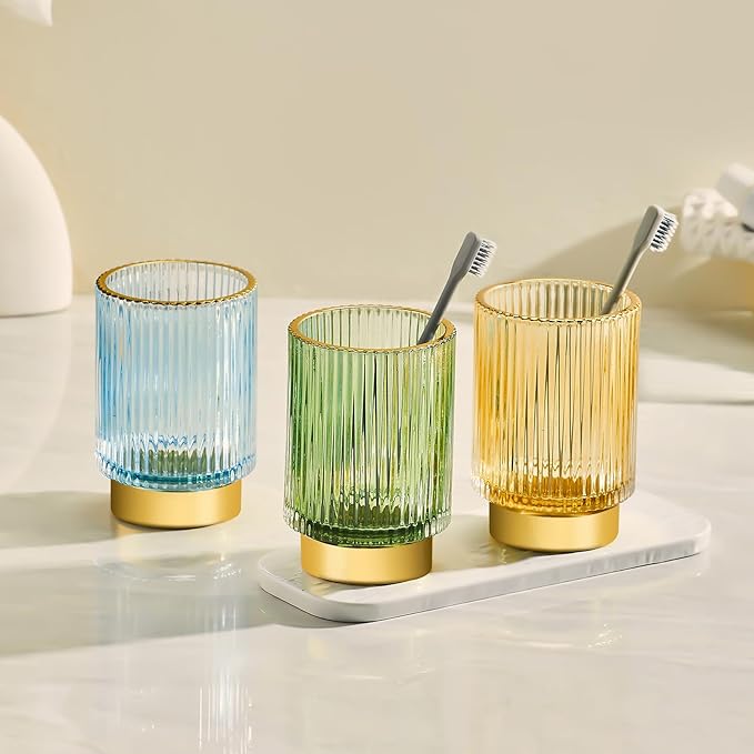 Makeup Brush Holder Organizer,Toothbrush Holders,Desk Pen Pencil Holder,Multifunctional Vintage Glass Brush Cup（S+L/Blue/A3-3-US）