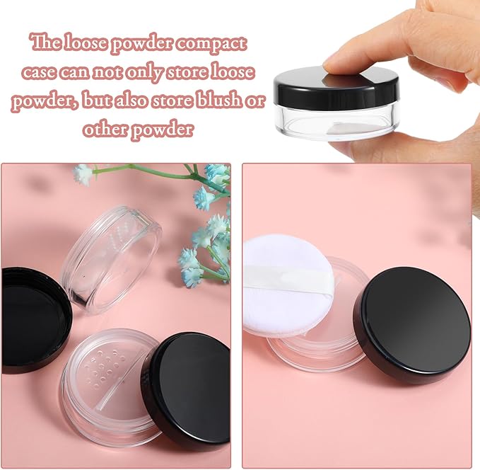 2pcs 10ml/0.34oz Plastic Empty Travel Small Loose Powder Compact Refillable Loose Powder Containers Reusable No Leak Compact with Rotatable Sifter and Black Screw Lid
