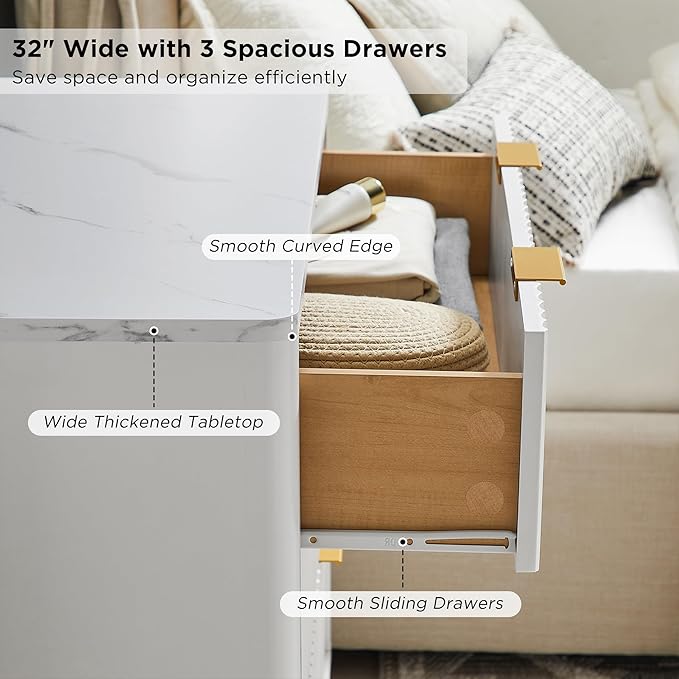 T4TREAM Fluted 3 Drawer Dresser, 32" Tall Modern Chest of Drawers with Faux Marble Top, Curved Profile Design, Wood Drawer Organizer for Bedroom, Living Room, Hallway, Entryway, Solid White
