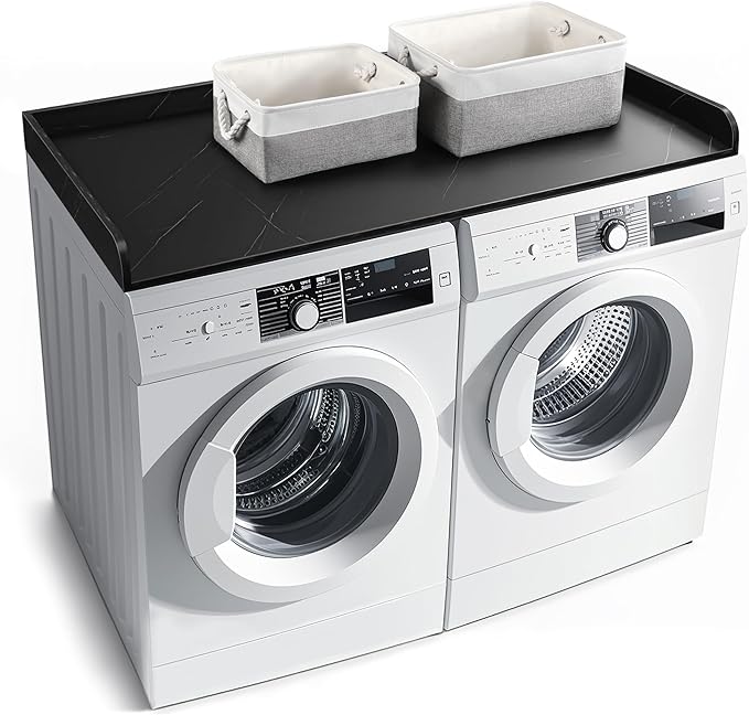 Washer Dryer Countertop with 2 Pack Storage Baskets, Wood Washer and Dryer Countertop with Non-Slip Pads/Edge Rails for Laundry Room Storage and Organization, 27.5" W x 54" L(Black Marble)