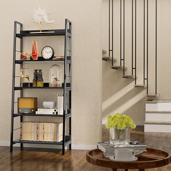 Himimi Black Ladder Bookshelf, 5 Shelf Bookcase Industrial Bookshelf Wood and Metal Bookshelves, Plant Flower Stand Rack Book Storage Shelves for Living Room, Bedroom, Home Office (2 PCS)