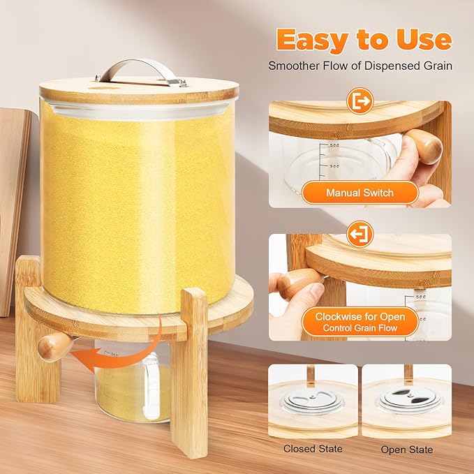 1.32gal Glass Rice Dispenser with Wooden Stand Flour and Cereal Container with Glass Measuring Cup Pantry Food Organization Storage Bin with Airtight Bamboo Lid for Coffee Beans Dry Food