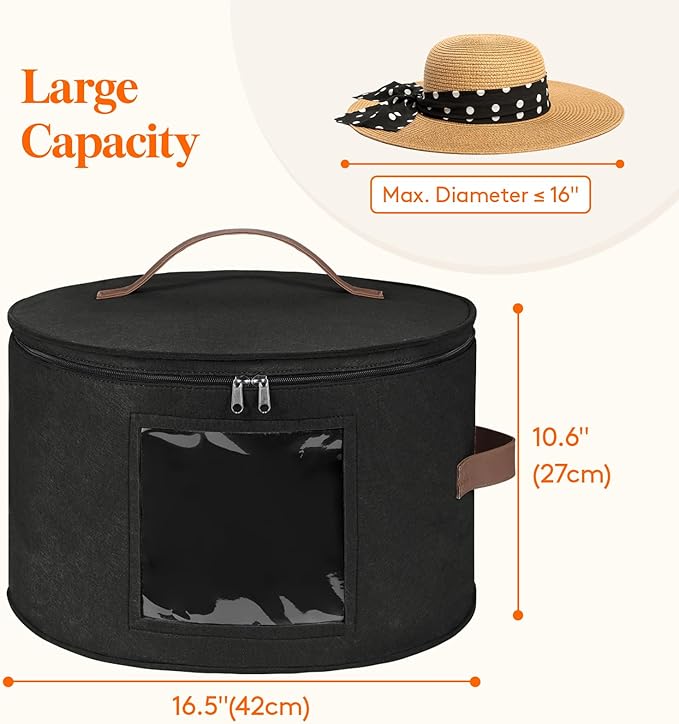 Lifewit Round Cowboy Hat Box for 7 Caps, Large Felt Hat Organizer Bag for Men & Women Storage, Baseball Cap Container with Dustproof Lid for Travel, Foldable 16.5" D x 10.6" H Carrier, 2 Pack, Black