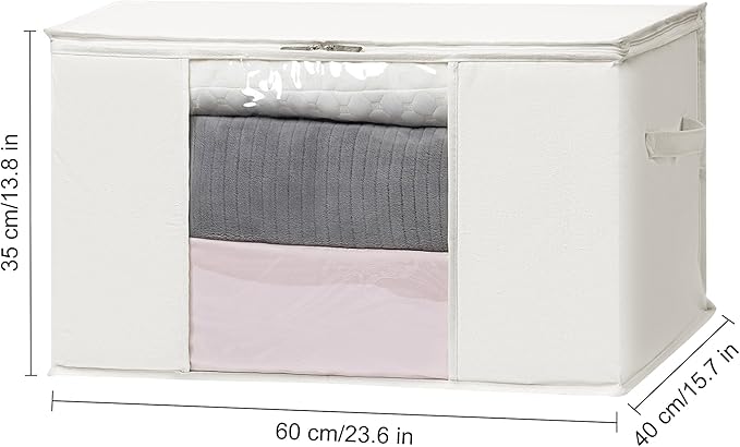 TYEERS Large Storage Bags with Zipper and Clear Window, Cotton Blended Fabric Storage Containers for Seasonal Clothes and Bedding, 23.6x15.7x13.8 Inches, 2-Pack, Beige