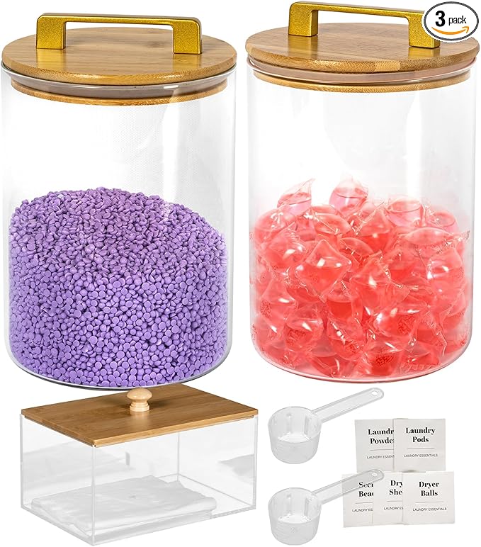 Glass Jars For Laundry Room Organization and Storage, 2 Pack -0.9 Gallon Laundry Detergent Containers for Scent Beads, Powder,Pods With Lids, 5 Labels, 2 Scoops，1 Acrylic Dryer Sheet Holder Included