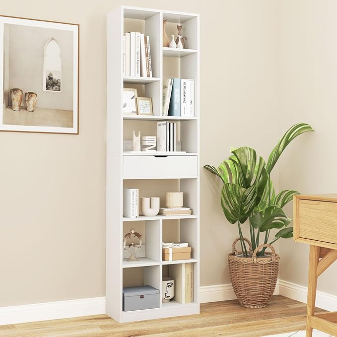 Giantex 71" Bookcase with Drawer Set of 2, Tall Freestanding Bookshelf with 10 Open Cubes, Floor Display Shelving Unit, Modern Storage Organizer for Living Room, Bedroom, Study, White