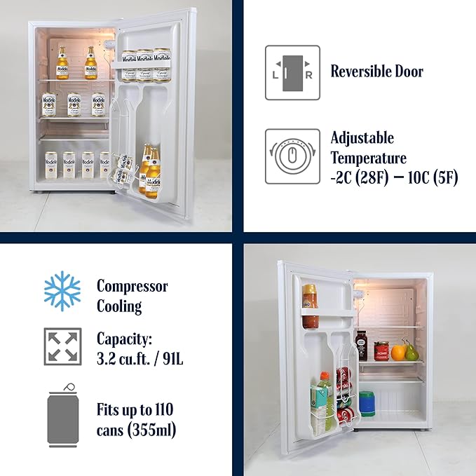 Modelo Refrigerator - Mini Fridge For Kitchen, Bedroom, Office, Dorms, Cuarto, Cool Storage For Wine, Drink, Beverages, Compact Free Standing, Neveras Pequeñpara, 3.2 Cubic Feet Capacity, White