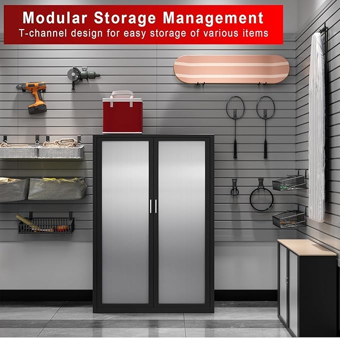4'H x 8'W Slatwall Panel Garage Wall Organizer with 14 Hooks, Heavy Duty Slat Wall Paneling Sheets, Interlocking PVC Panels, Garage Slatwall for Tool Organization Mounted Storage Systems