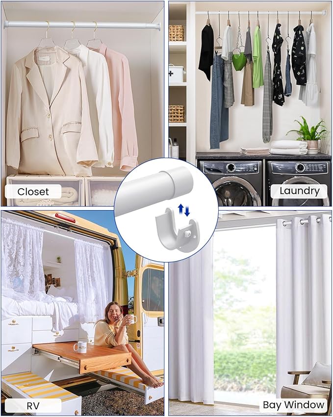 Closet Rods for Hanging Clothes, 17 to 84 Inches Stepless Adjustable Metal Closet Rod, 1.3 Inches Heavy Duty Clothes Hanging Rod for Closet Wardrobes Laundry RV, White