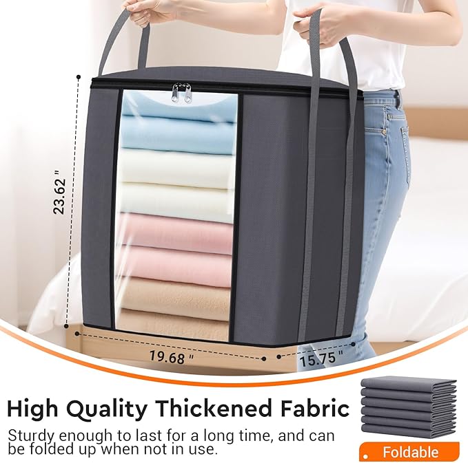 120L Extra Large Clothes Storage Bags, Foldable Blanket Storage and Organization, Thick Fabric Containers with Reinforced Handles & Zippers for Clothing, Comforters, Bedding, Gray, 1 Pack